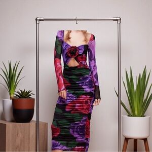 AFRM Red and Purple Floral Dress with Rose Accent